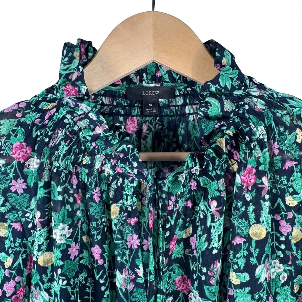 J.Crew Floral Smocked Ruffle Neck Chiffon Lined Blouse Womens M Navy Blue